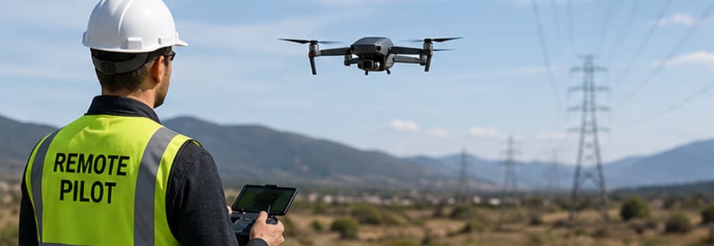 A remote pilot in a hi-vis vest flying a drone in an open field